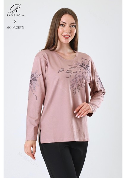 Kadın Orta Yaş ve Üzeri Viskon Çiçek Desen Taşlı Işlemeli Likralı Pudra Anne Penye Bluz