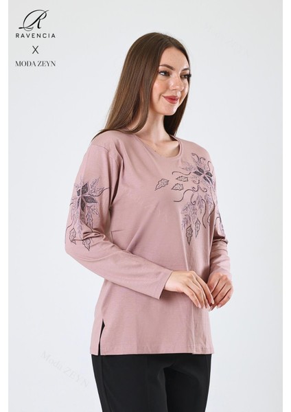Kadın Orta Yaş ve Üzeri Viskon Çiçek Desen Taşlı Işlemeli Likralı Pudra Anne Penye Bluz fiyatları