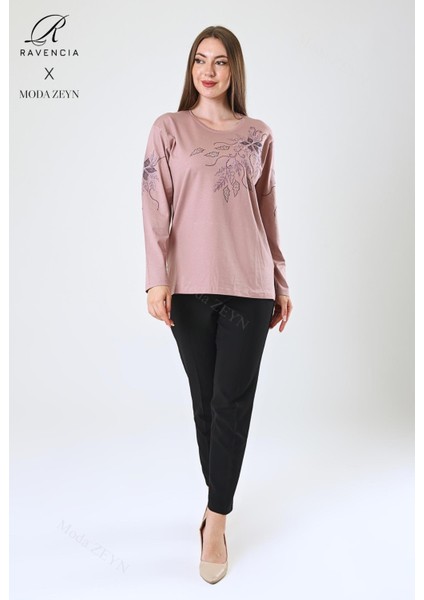 Kadın Orta Yaş ve Üzeri Viskon Çiçek Desen Taşlı Işlemeli Likralı Pudra Anne Penye Bluz modelleri