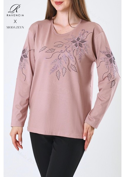 Kadın Orta Yaş ve Üzeri Viskon Çiçek Desen Taşlı Işlemeli Likralı Pudra Anne Penye Bluz fırsatları