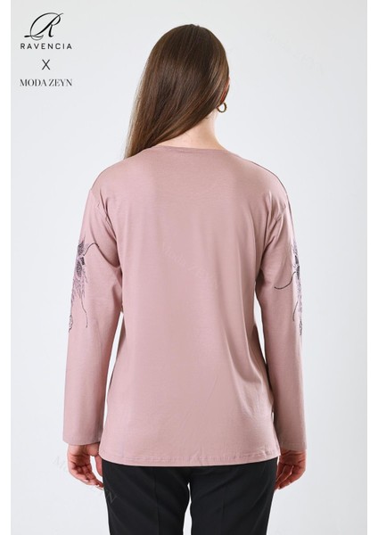 Kadın Orta Yaş ve Üzeri Viskon Çiçek Desen Taşlı Işlemeli Likralı Pudra Anne Penye Bluz indirimleri