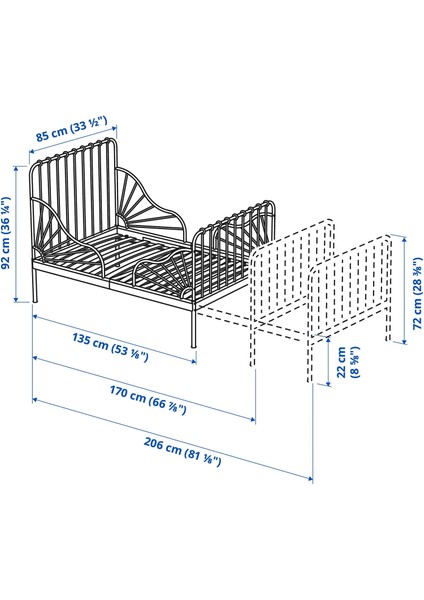 Mınnen Luröy Çocuk Karyolası Gri Mavi Uzayabilen 80 x 200 cm Metal Gövde Ayarlanabilir Boy modelleri