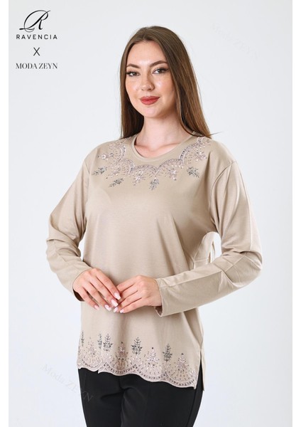 Kadın Orta Yaş ve Üzeri Viskon Yaprak Desenli Eteği Yakası Taşlı Işlemeli Likralı Bej Anne Penye Bluz fiyatları
