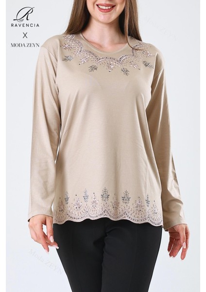 Kadın Orta Yaş ve Üzeri Viskon Yaprak Desenli Eteği Yakası Taşlı Işlemeli Likralı Bej Anne Penye Bluz fırsatları