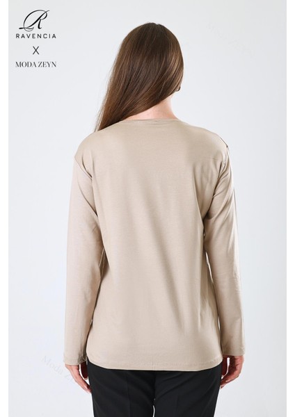 Kadın Orta Yaş ve Üzeri Viskon Yaprak Desenli Eteği Yakası Taşlı Işlemeli Likralı Bej Anne Penye Bluz indirimleri