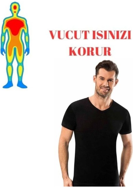 Erkek Siyah Termal V Yaka Kısa Kol Atlet -20 Derece Tam Koruma