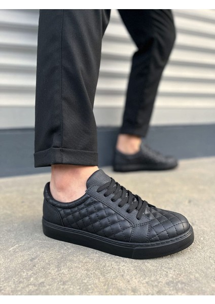 JET-166 Prestige Bağcıklı Cilt Kapitone Desenli Erkek Günlük Sneaker Ayakkabı Cst - Siyah