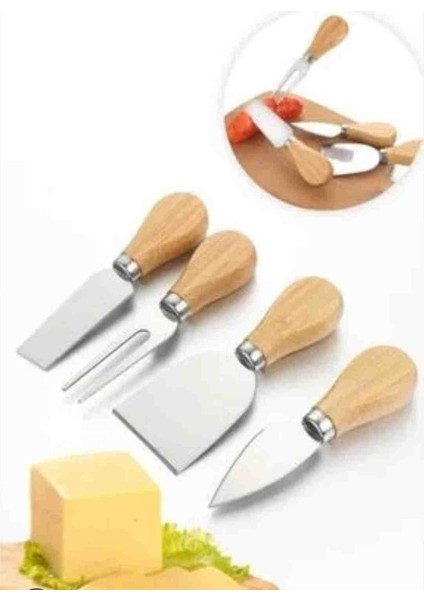 4 Parça Bambu Saplı Peynir Bıçak Çatal Spatula Seti, Sunum Seti Pratik Kullanım