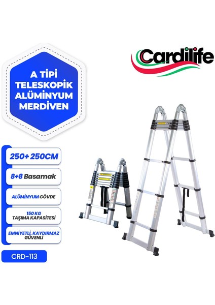 250 + 250 Cm. - 8+8 Basamaklı Alüminyum Teleskopik Merdiven - A Tipi Uzayan Merdiven