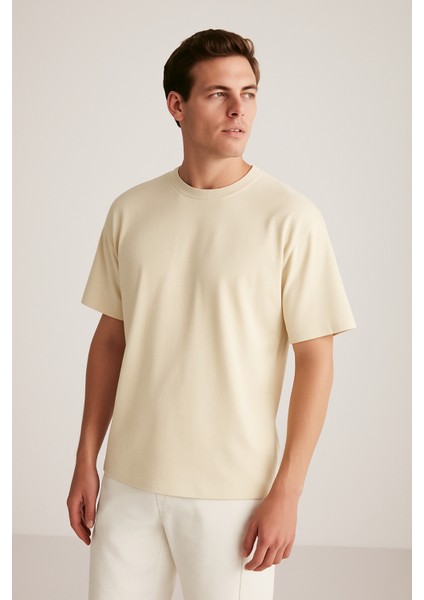 Erkek Krem Oversize Bisiklet Yaka %100 Organik Pamuk Düz Basic Yazlık T-Shirt fiyatları