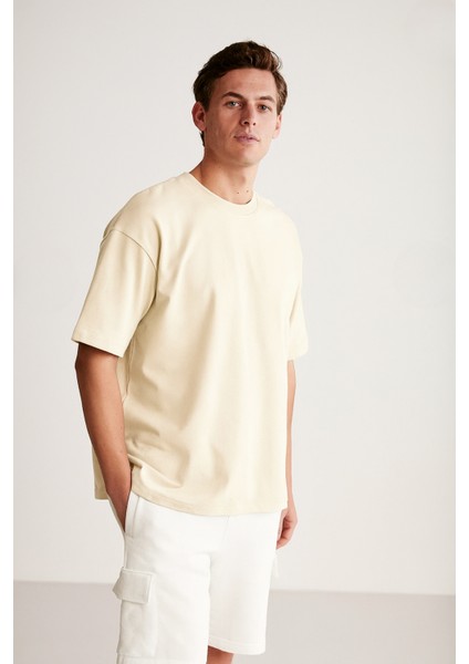 Erkek Krem Oversize Bisiklet Yaka %100 Organik Pamuk Düz Basic Yazlık T-Shirt modelleri