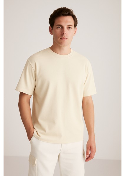 Erkek Krem Oversize Bisiklet Yaka %100 Organik Pamuk Düz Basic Yazlık T-Shirt indirimleri