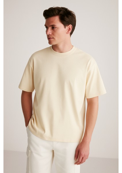 Erkek Krem Oversize Bisiklet Yaka %100 Organik Pamuk Düz Basic Yazlık T-Shirt