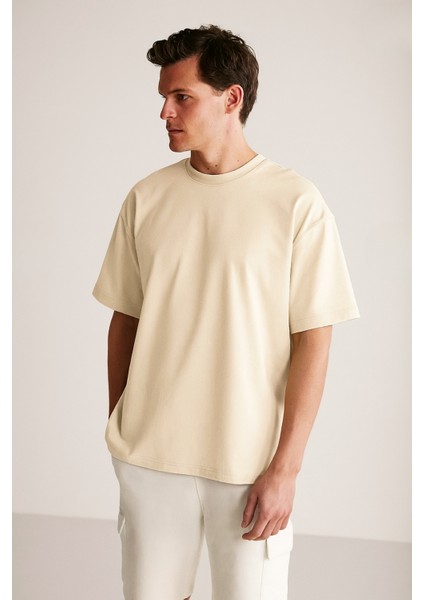 Erkek Krem Oversize Bisiklet Yaka %100 Organik Pamuk Düz Basic Yazlık T-Shirt