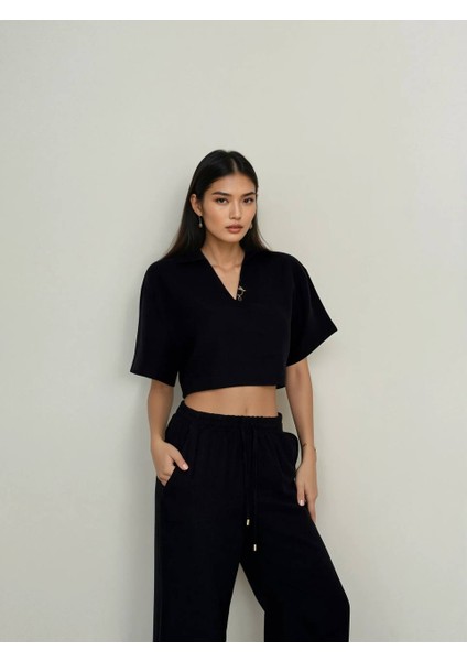 Oversize Polo Yaka Crop Takım - Siyah - Pantolonlu 2'li Kadın Takım