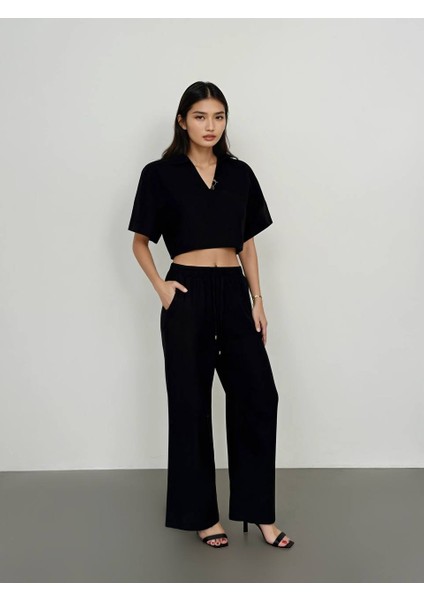 Oversize Polo Yaka Crop Takım - Siyah - Pantolonlu 2'li Kadın Takım fiyatları