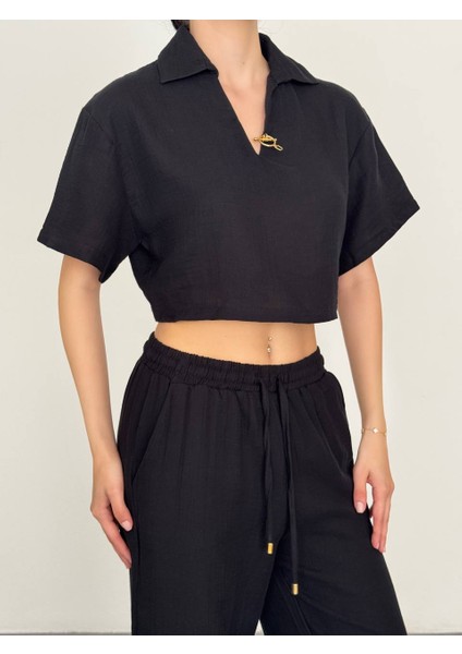 Oversize Polo Yaka Crop Takım - Siyah - Pantolonlu 2'li Kadın Takım modelleri