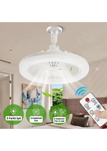 Pervaneli LED Lamba Kumandalı 3 Kademeli Hız ve Işık Ayarı Vantilatör Aydınlatma