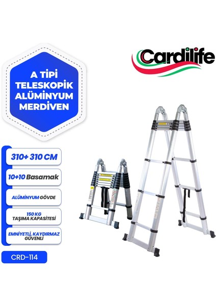 310 cm +310 cm -10+10 Basamaklı Alümınyum Teleskopik Merdiven - A Tipi Uzayan Merdiven