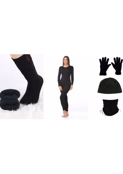 Kadın Siyah Termal Içlik Alt Üst Takım Termal Şapka, Eldiven,1 Çift Çorap Kışlık Tam Giyim Seti