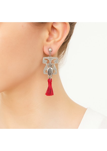 Rajewelery Antik Gümüş Kaplama Kaftan Formlu Lale Figürlü Püsküllü Küpe