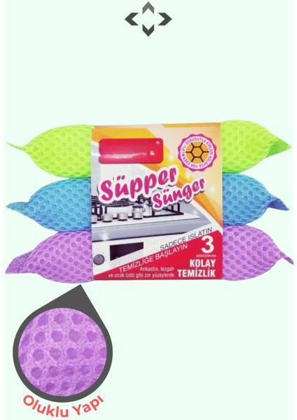 3'lü Çok Amaçlı Mutfak Süngeri, Oluklu Doku, Tüm Yüzeyler Için Uygun