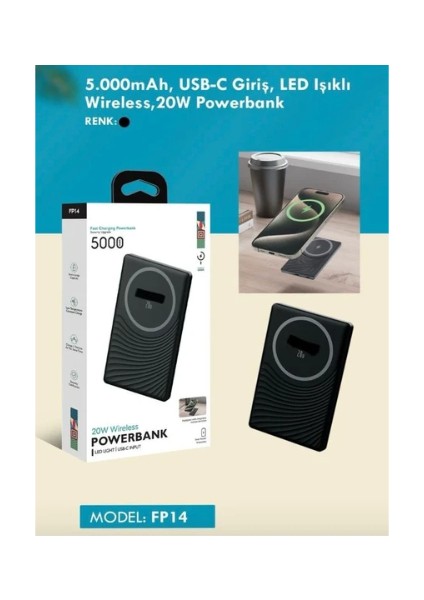 FP14 5000 Mah 20WATT Usb-C LED Işıklı Wireless Slim Taşınabilir Kablosuz Powerbank