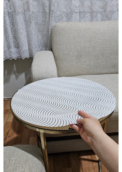 Yuvarlak Krem Bej Paralel Çizgili Dantelli Çeyizlik Orta Sehpa Örtüsü Şeffaf Pvc Masa Örtüsü