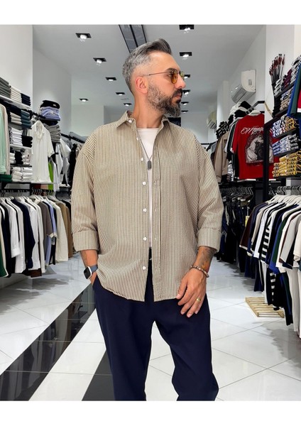 Gofre Kumaş Çizgili Oversize Erkek Gömlek