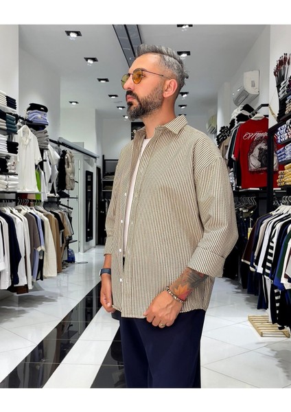 Gofre Kumaş Çizgili Oversize Erkek Gömlek fiyatları