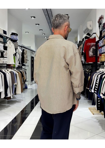 Gofre Kumaş Çizgili Oversize Erkek Gömlek modelleri
