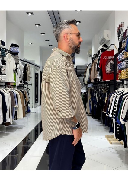 Gofre Kumaş Çizgili Oversize Erkek Gömlek fırsatları