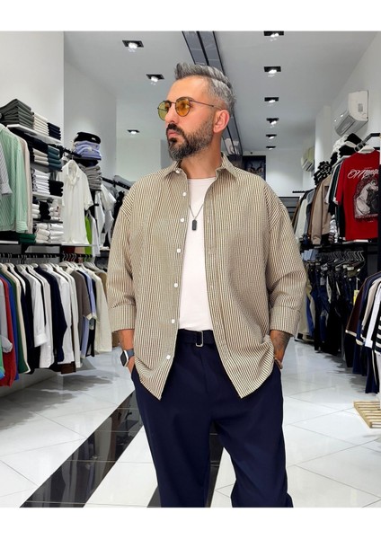 Gofre Kumaş Çizgili Oversize Erkek Gömlek indirimleri