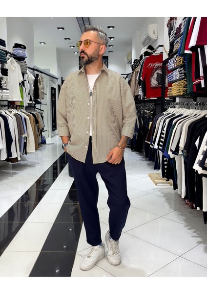 Gofre Kumaş Çizgili Oversize Erkek Gömlek