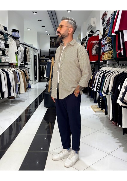 Gofre Kumaş Çizgili Oversize Erkek Gömlek