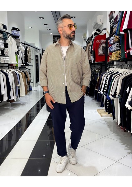 Gofre Kumaş Çizgili Oversize Erkek Gömlek