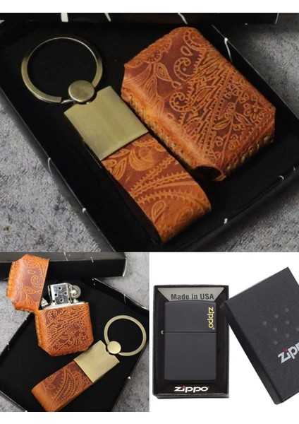 Zippo Çakmak, % 100 Deri Kişiye Özel Kişiselleştirilebilir Anahtarlık Set