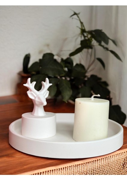 Geyik Heykeli ile Dekoratif Sunumluk Seti, Beyaz Renk Yüksek Kaliteli Malzeme Minimalist Geyik Heykeli ile Set Dekoratif El Yapımı Sunumluk, Ev Dekoru, Masa Dekoru (16x13cm 23,5x12 cm) fiyatları