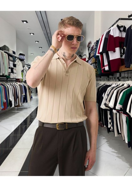Triko Polo Yaka Erkek Tişört – Dikey Desenli