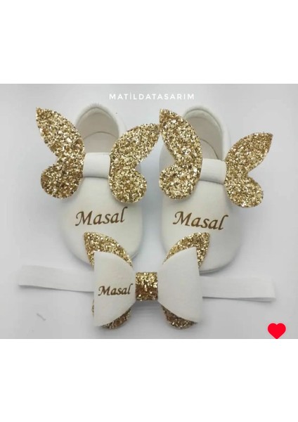 Bebeğinize Özel Gold Simli Bebek Ayakkabı ve Saç Bandı Seti