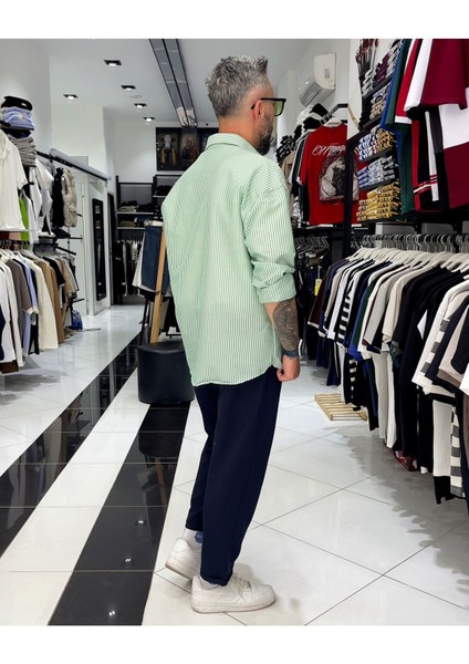 Gofre Kumaş Çizgili Oversize Erkek Gömlek modelleri
