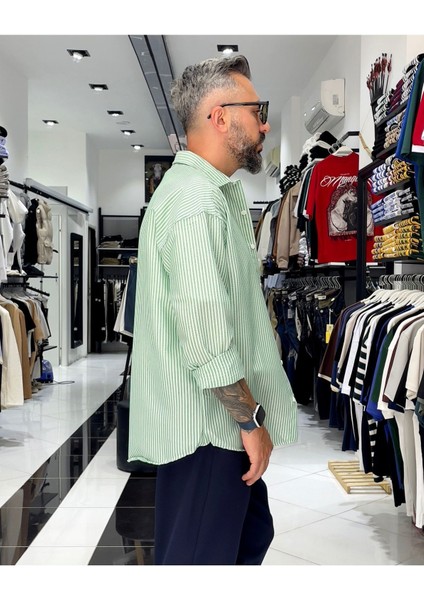 Gofre Kumaş Çizgili Oversize Erkek Gömlek