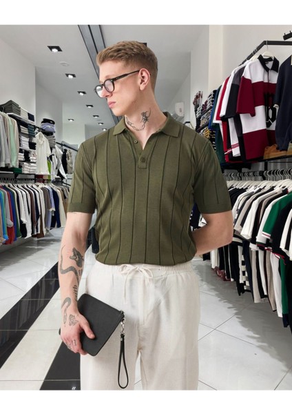 Triko Polo Yaka Erkek Tişört – Dikey Desenli