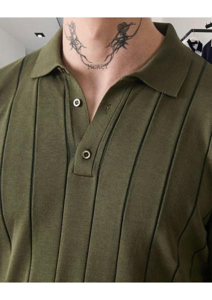 Triko Polo Yaka Erkek Tişört – Dikey Desenli fiyatları