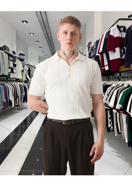 Triko Polo Yaka Erkek Tişört – Dikey Desenli