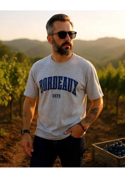 Bordeaux Nakışlı Yıkamalı Oversize Erkek Tişört