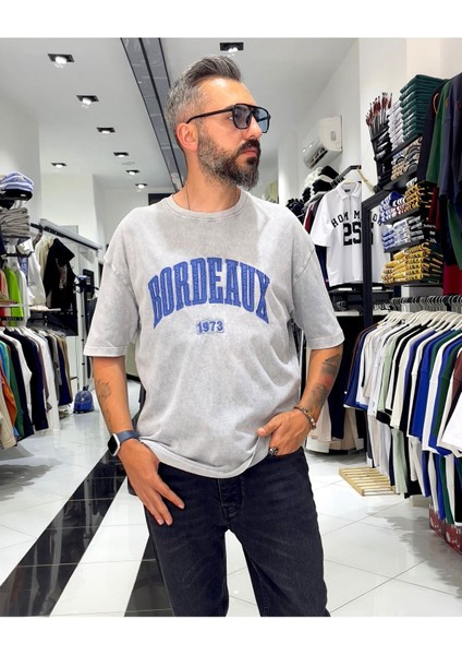 Bordeaux Nakışlı Yıkamalı Oversize Erkek Tişört