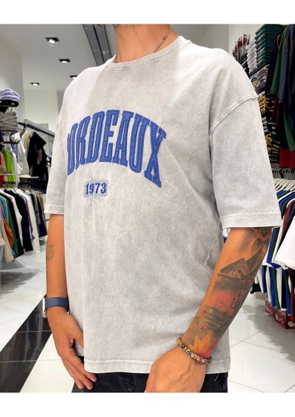 Bordeaux Nakışlı Yıkamalı Oversize Erkek Tişört