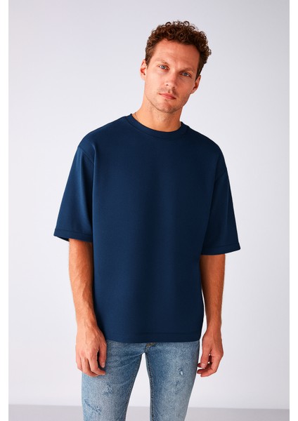 Erkek Lacivert Oversize Bisiklet Yaka %100 Organik Pamuk Düz Basic Yazlık T-Shirt fiyatları