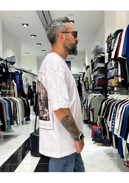 Erkek Sırtı Antik Kumaş Baskı Oversize T-Shirt